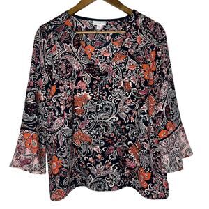 J Jill Boho Blouse Floral Paisley Bell Sleeve Navy Orange Pink M Petite